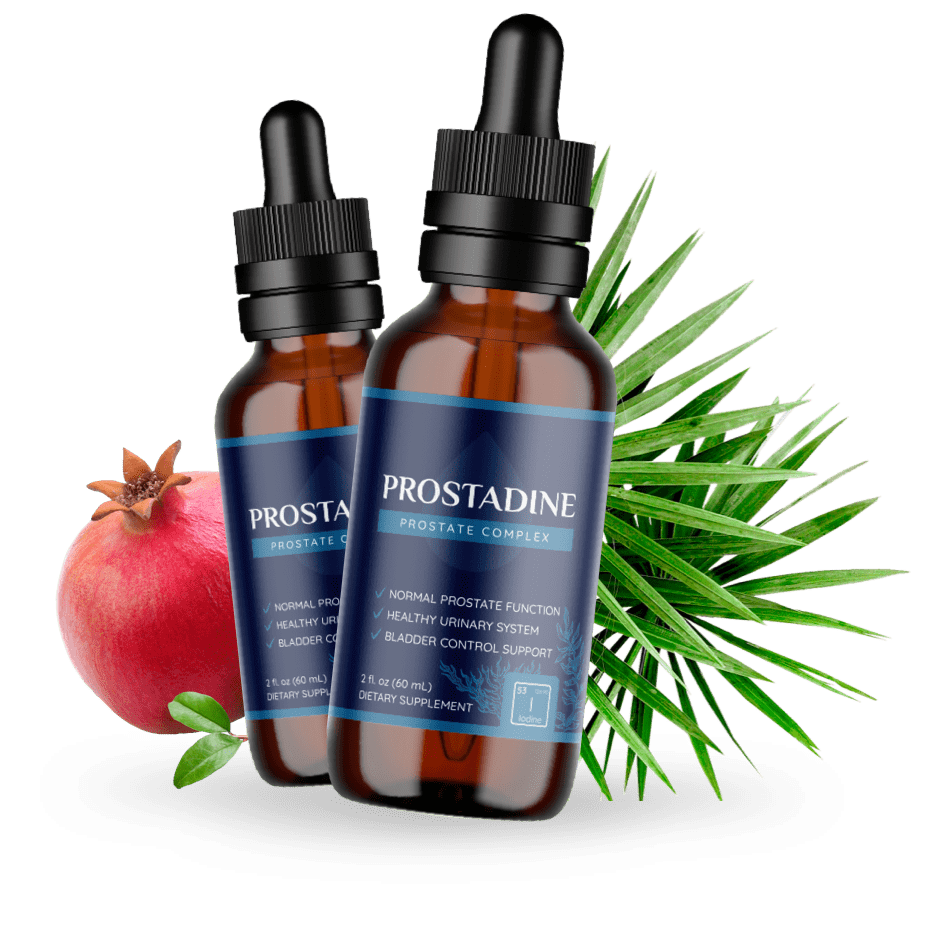 Two bottles of Prostadine Prostate Complex supplement with pomegranate and saw palmetto leaves for natural urinary support.