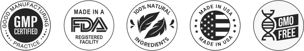 Five circular white quality trust badges on a dark background showing: "GMP Certified Good Manufacturing Practice", "Made in a FDA Registered Facility", "100% Natural Ingredients" with leaves, "Made in USA" with the American flag, and "GMO Free" with a DNA strand icon.
