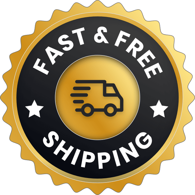 A round golden and black badge that reads Fast & Free Shipping with an icon of a moving delivery truck in the center and two white stars.