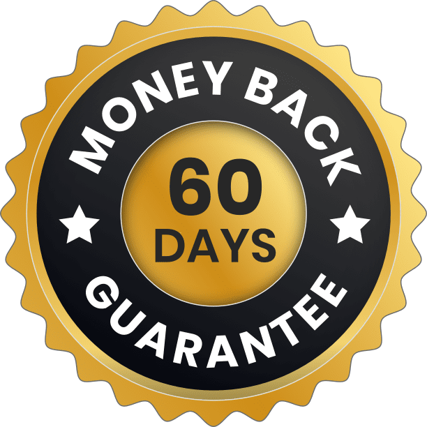 A round gold and black certification badge representing the 60-day money-back guarantee for Prostadine dietary supplement purchases.