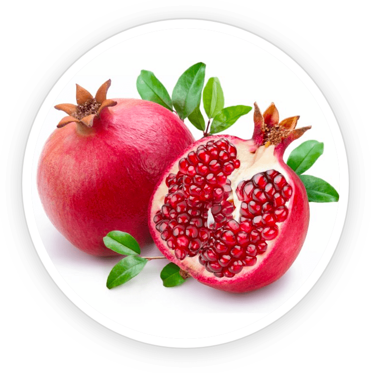 A circular close-up image of a whole and a halved fresh pomegranate with rich red seeds, included as an antioxidant ingredient in Prostadine.