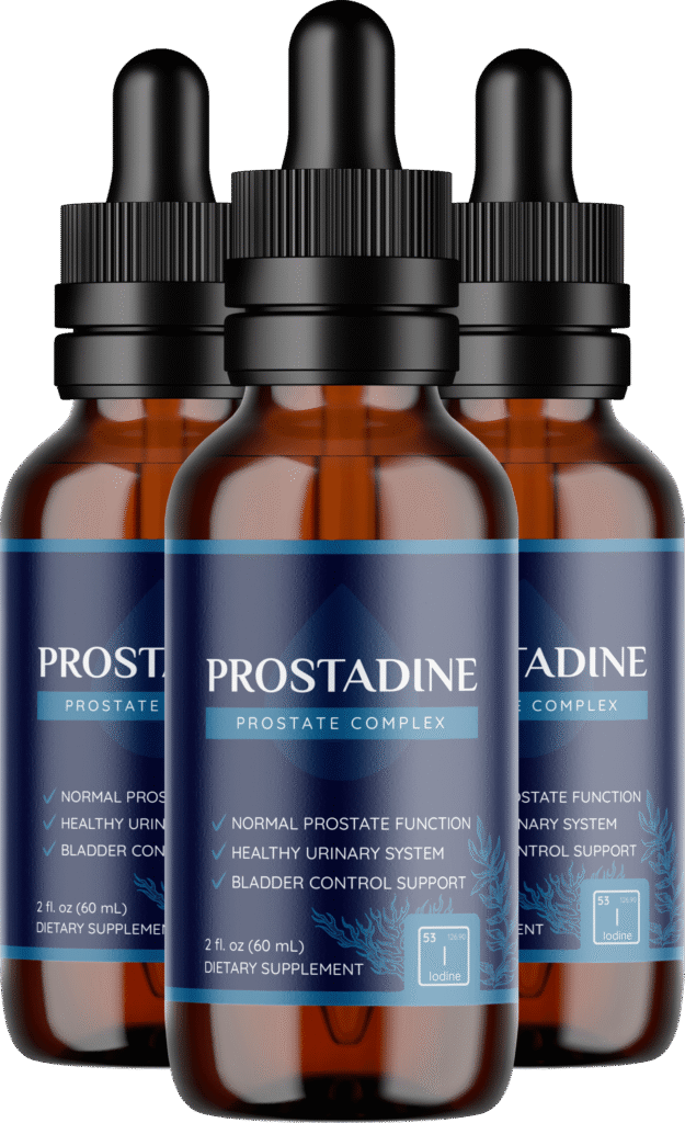 Three individual amber glass dropper bottles of Prostadine Prostate Complex supplement grouped together, with a large blue text below displaying a price of fifty-nine dollars per bottle.