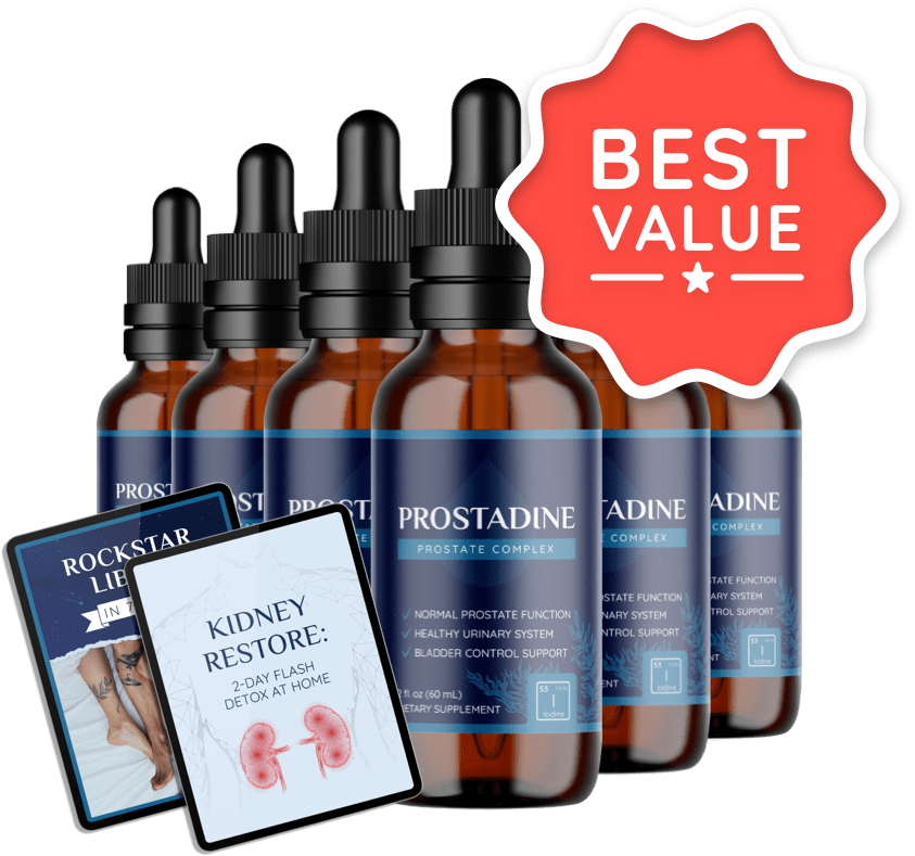 : Six amber glass dropper bottles of Prostadine Prostate Complex featuring a prominent red "Best Value" badge, displayed next to two free digital bonus books titled "Rockstar Libido" and "Kidney Restore", priced at forty-nine dollars per bottle.