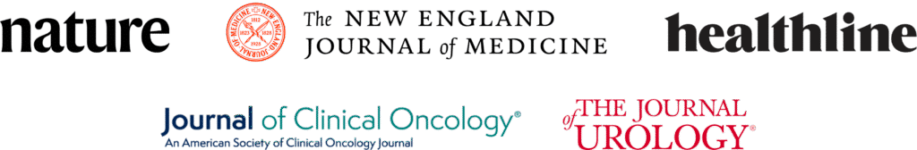 Logos of medical and scientific publications under the text "Scientific references", including Nature, The New England Journal of Medicine, Healthline, Journal of Clinical Oncology, and The Journal of Urology.
