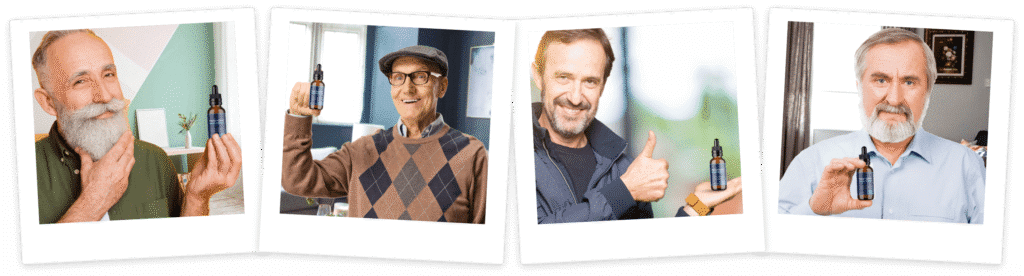 Four polaroid-style photos showing happy senior men. Each man is holding a bottle of Prostadine prostate health supplement or giving a thumbs up. A central seal states "Prostadine Official Site 100% Secure Checkout" with "100% Satisfaction Guarantee," "100% Natural Formula," and "GMP Certified Facility" badges.